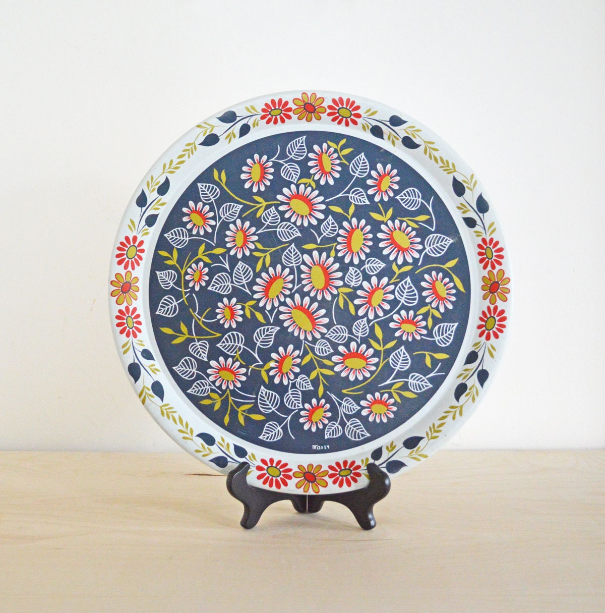 Large Vintage Metal Serving Tray Flower Pattern Scandinavian Dutch Folk Blue Red White Gold Maxey