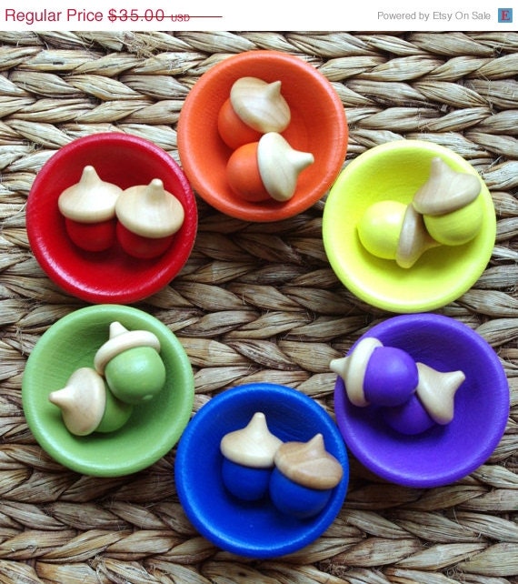 SALE Wooden Waldorf Toy Acorn Sorting Game, Educational Toy Color Learning Set