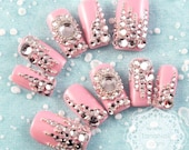 Japanese 3D Nail Art, Press On Nails, False Nails - Pink Bling Bling Nails (T129K)