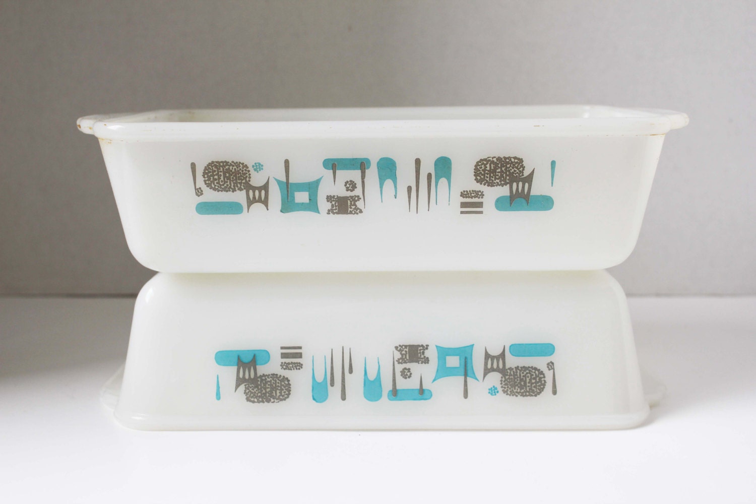 Pair of Blue Heaven Rectangle Baking Dish by Fire King - Atomic Mid Century Design