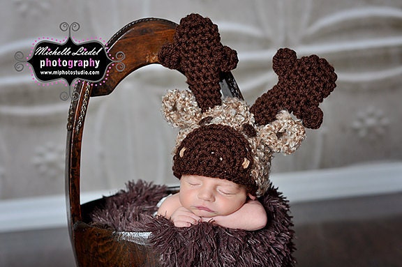 PDF Instant Download Easy Crochet Pattern No 268 Moose Hat and photo prop sizes preemie, newborn. 0-3, 3-6 months