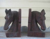 VinTage handmade large carved horsehead Wood Bookends