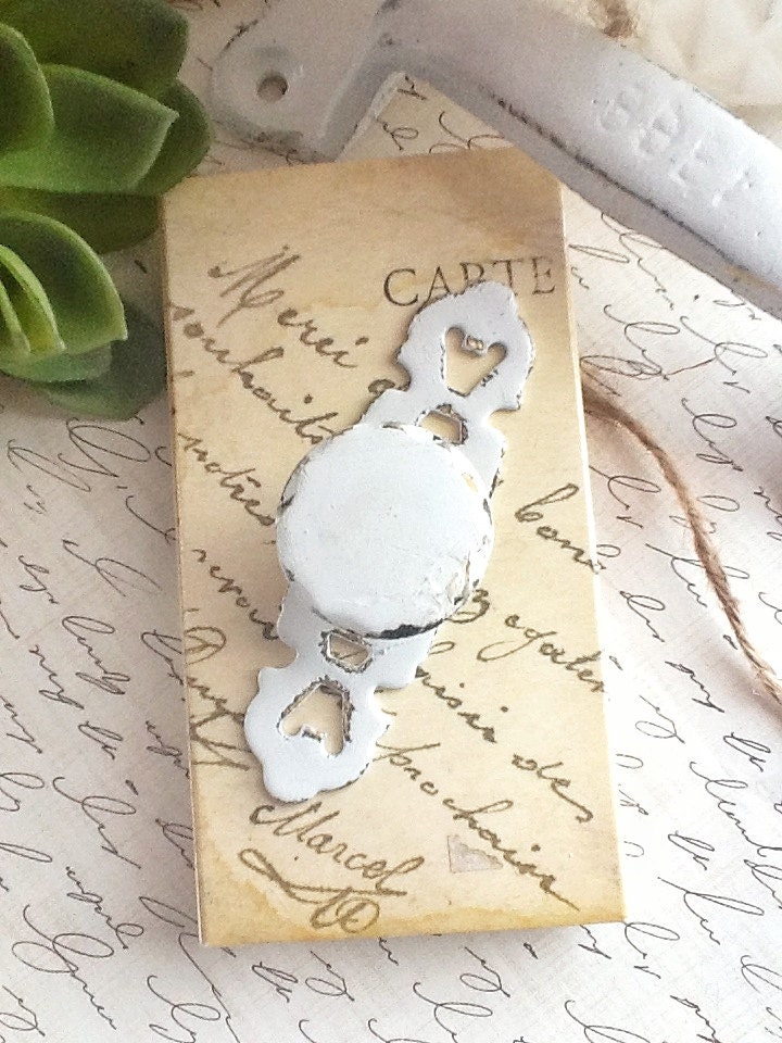 Vintage Petite Shabby Chic White Knobs/ Back Plates Distressed Metal-Cottage Style-Kitchen Farmhouse-Flea Market-Drawer Knobs