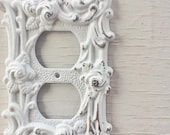 Vintage Metal Wall Decor-Plate Cover-In White Shabby Chic-Double Socket Cover-Vintage Roses-Ornate-Distressed-Spring Flowers-Roses-