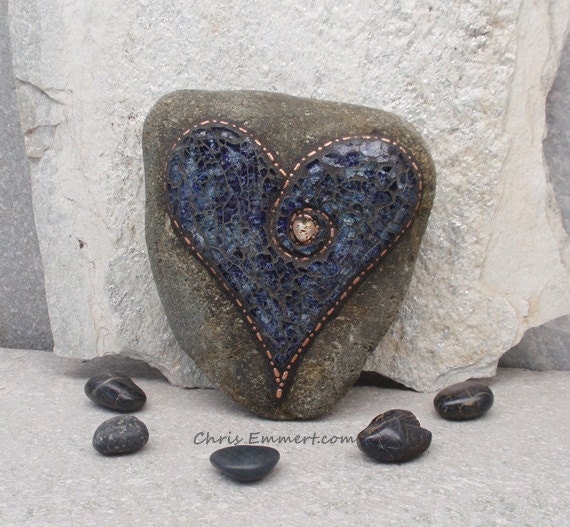 Heart Shaped Copper and Tempered Glass - Mosaic on Rock  Garden Stone