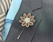 Natural eco brown Cotton and Linen daisy boutonniere, lapel pin, hati pin size S