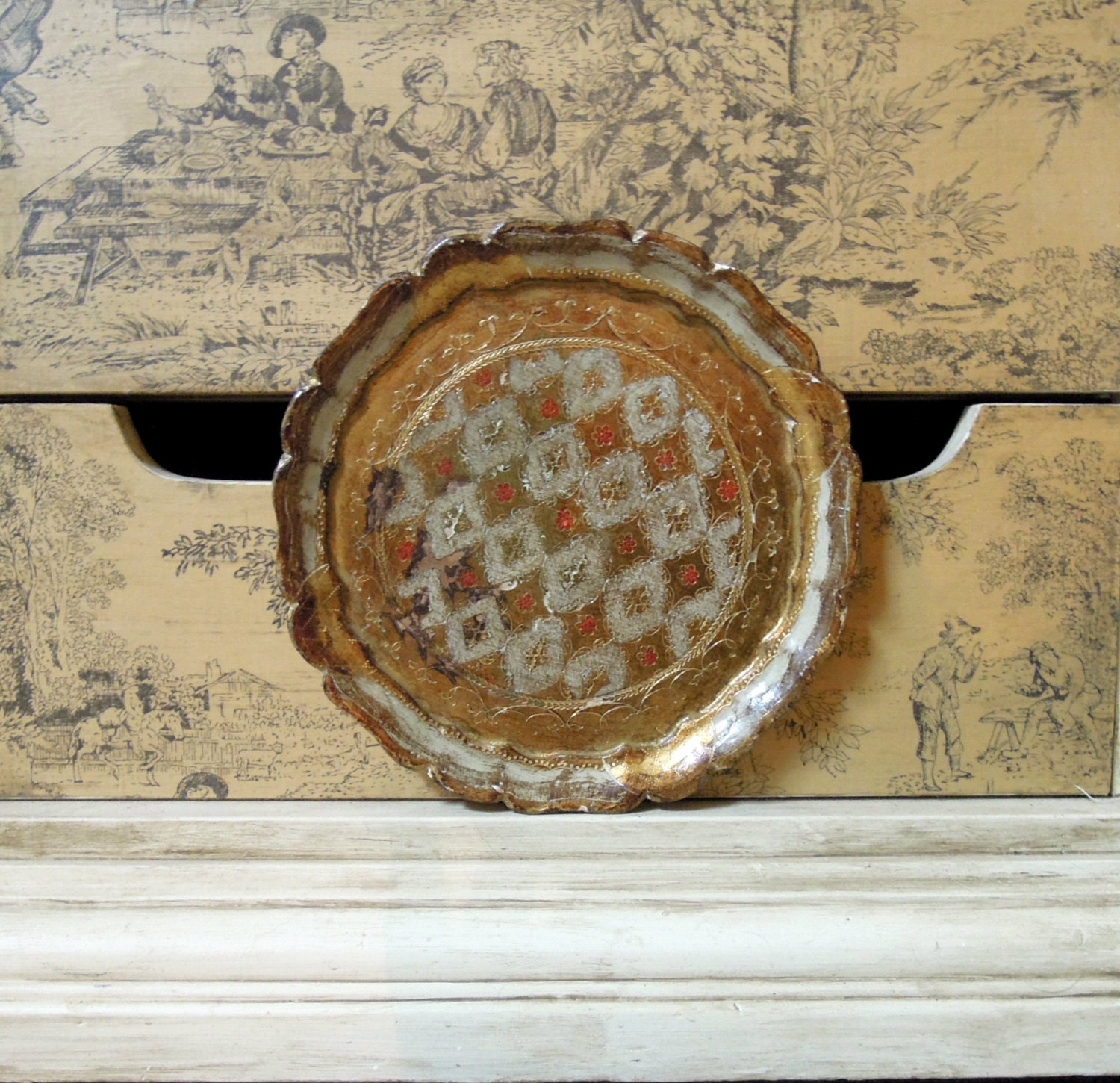 Vintage Very Shabby Chic White Italian Florentine Wood Tray