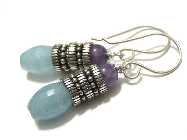 Gemstone Earrings Aquamarine Amethyst Artisan Stacked Sterling Silver Spring Summer Jewelry