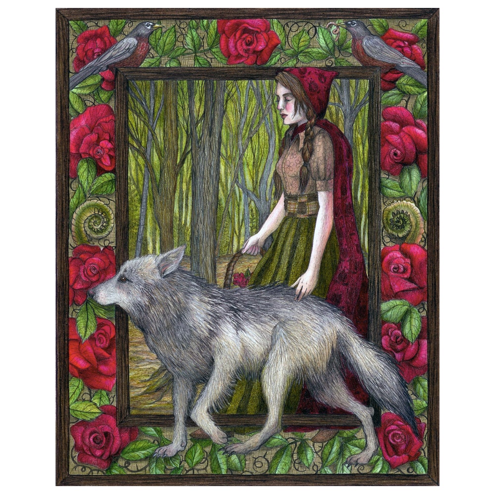 8x10 Giclee Illustrated Print of Red Riding Hood with Wolf