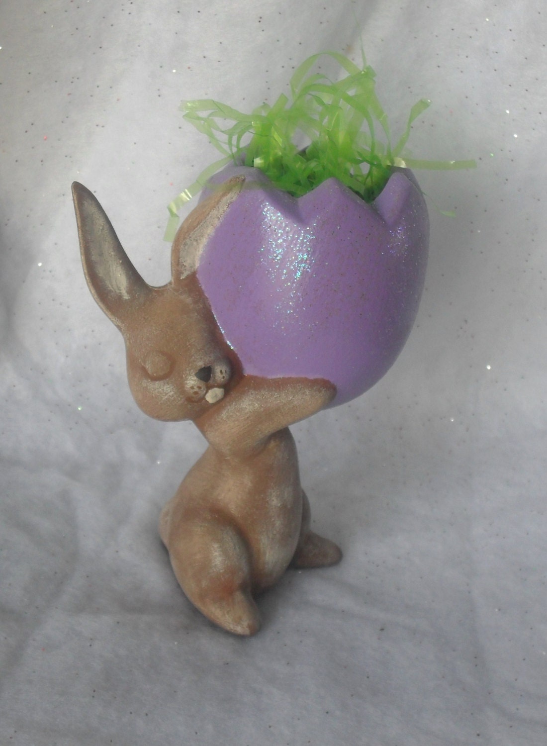 Brown Bunny Holding a Hallow Egg. Ceramic Figurine. Small basket. OOAK ceramic art.