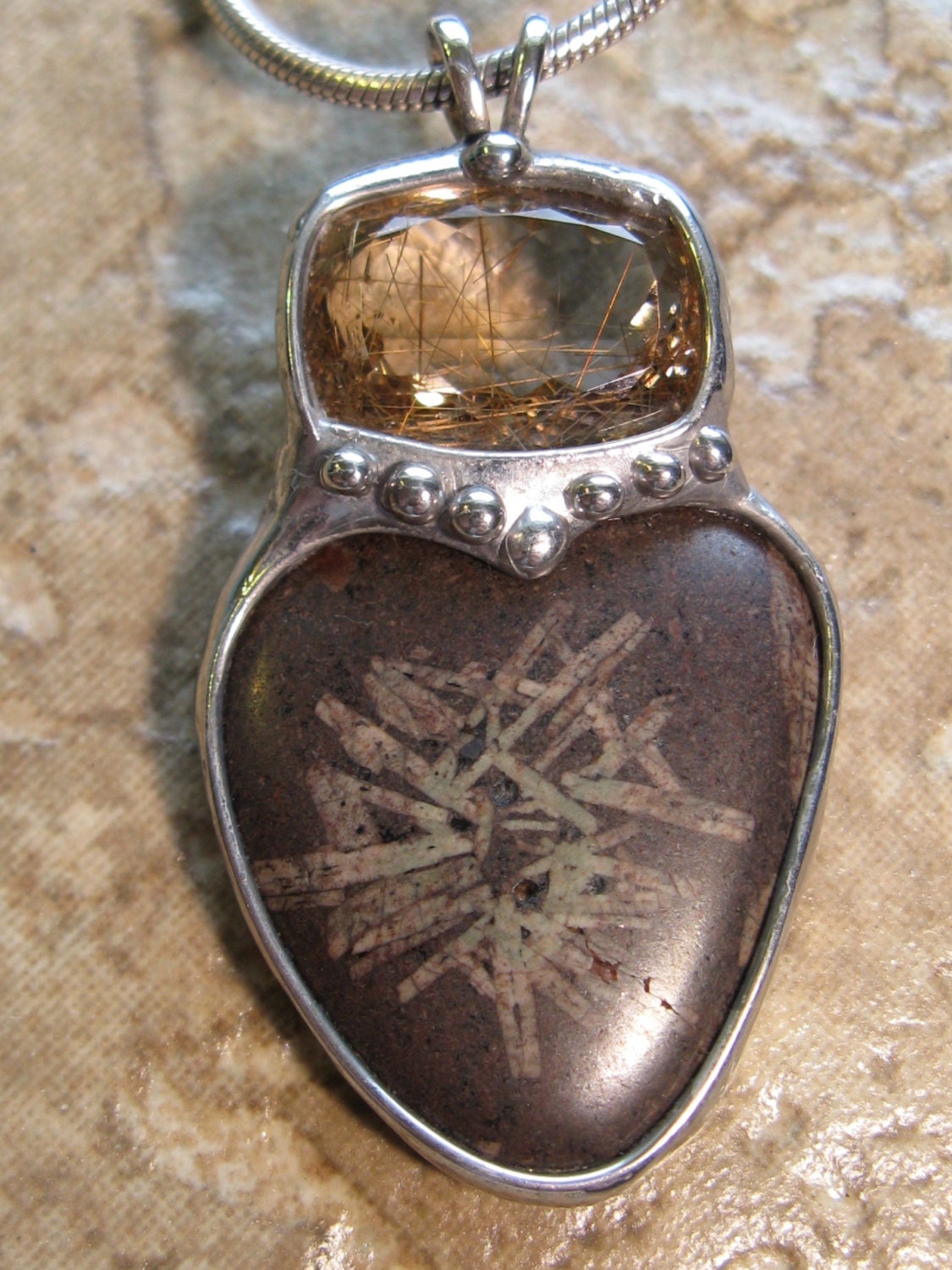 Rutilated Quartz Gemstone & Basalt Stone Pendant