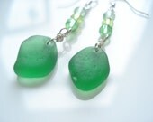 Bright Green Sea glass drop earrings on Sterling Silver hooks E0808 from Seaham, England.