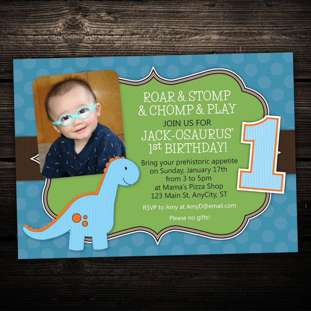 Roaring Dinosaur - First Birthday Party Printable Photo Invitation -- Any Color