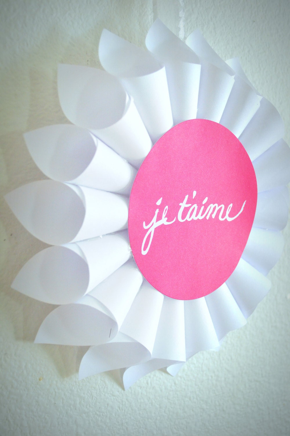Je'taime paper cone wreath - door decor- valentines gift- pink white french i love you