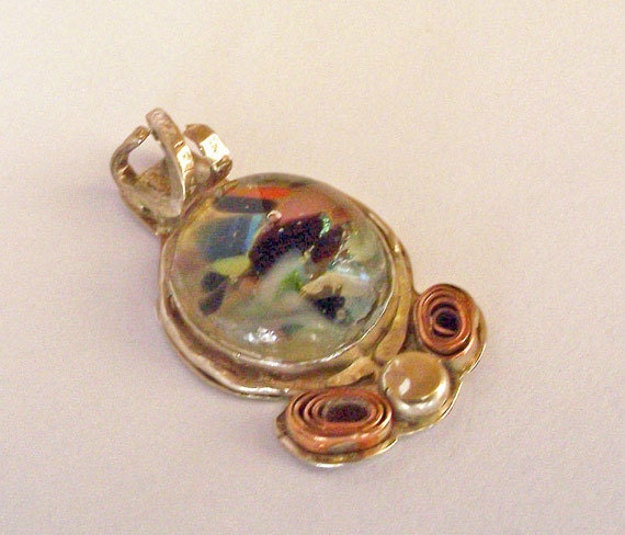 Multicolor Fused Glass Silver Copper Pendant.
