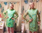 vintage 60' daisy retro seafoam blue and mint green party dress with ruffles sheer sleeves feminine mod bohemian cocktail party medium