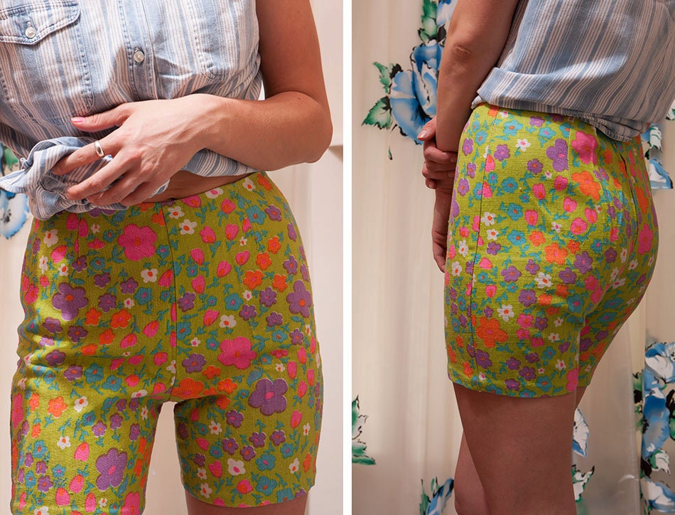 vintage 60's floral print high waisted linen shorts summer women's