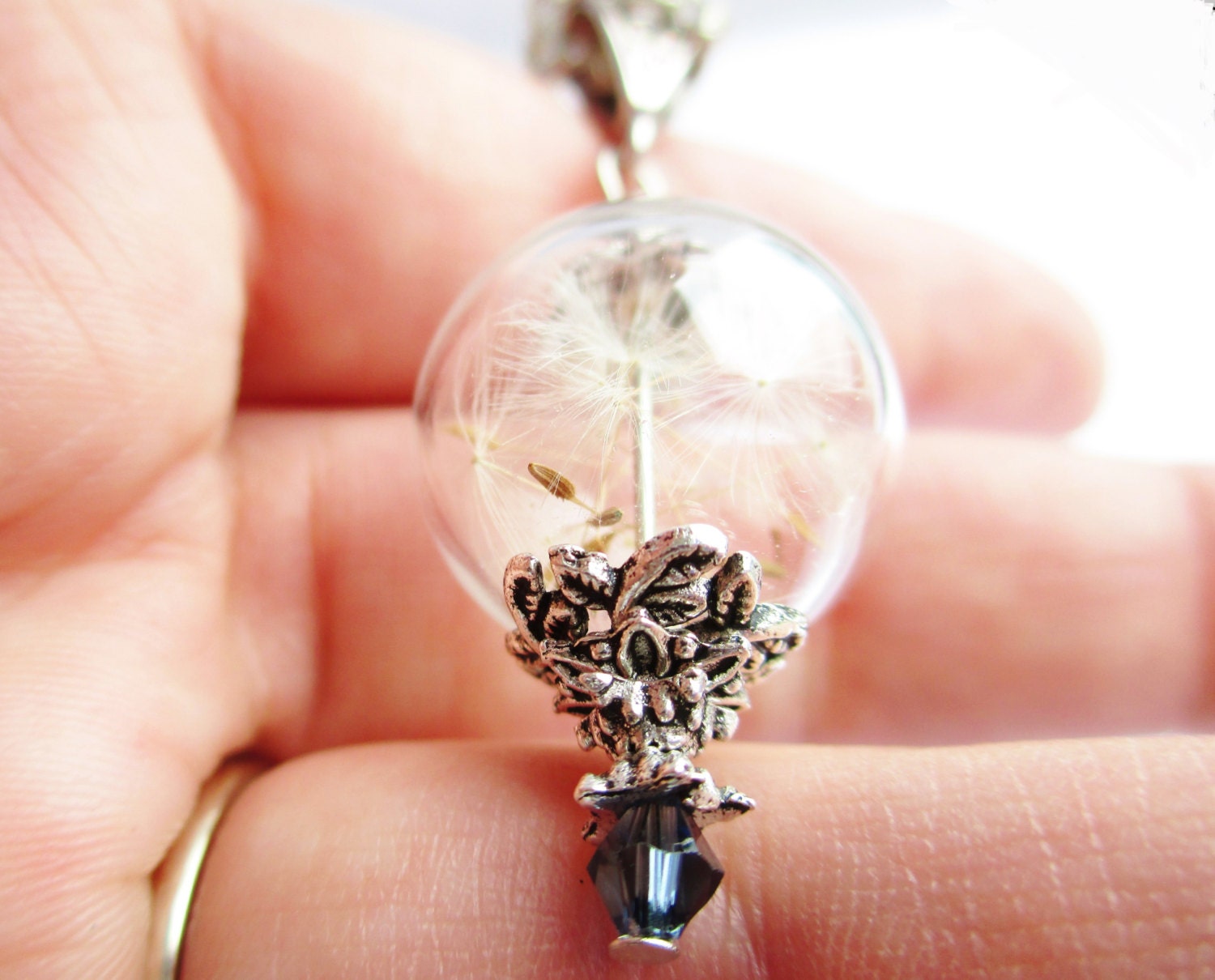 Real Dandelion Seed Glass Orb Necklace In Silver Small Orb