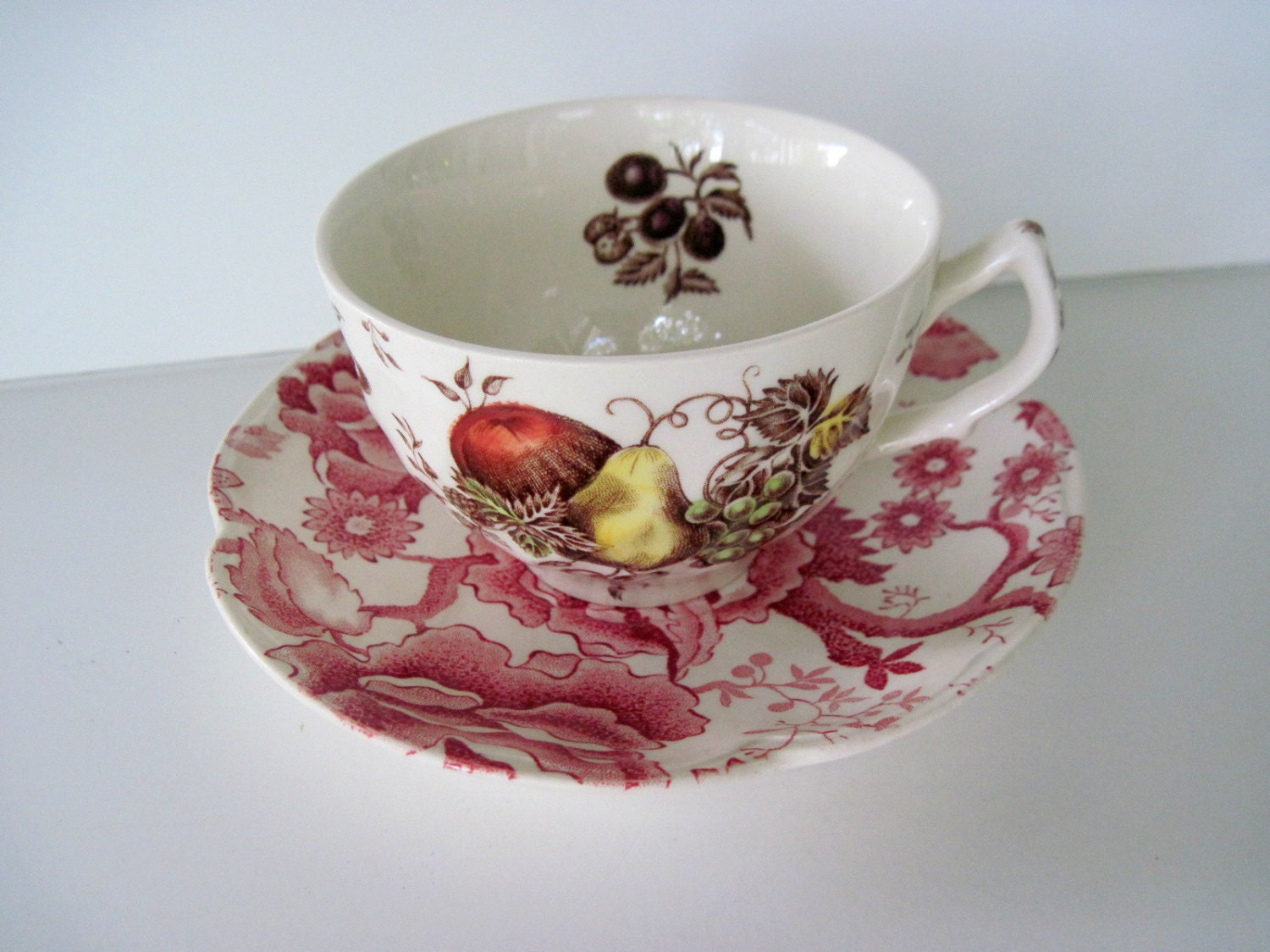 Cup and Saucer Kitschy Chic and Mismatched Art Deco Red Yellow Brown Cottage Beach Chic French Country Retro Kitchen Coffee Tea
