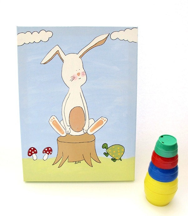Nursery art- Bunny , kids wall art, children art, nursery decor, blue and green, canvas original painting, children room, baby boy gift