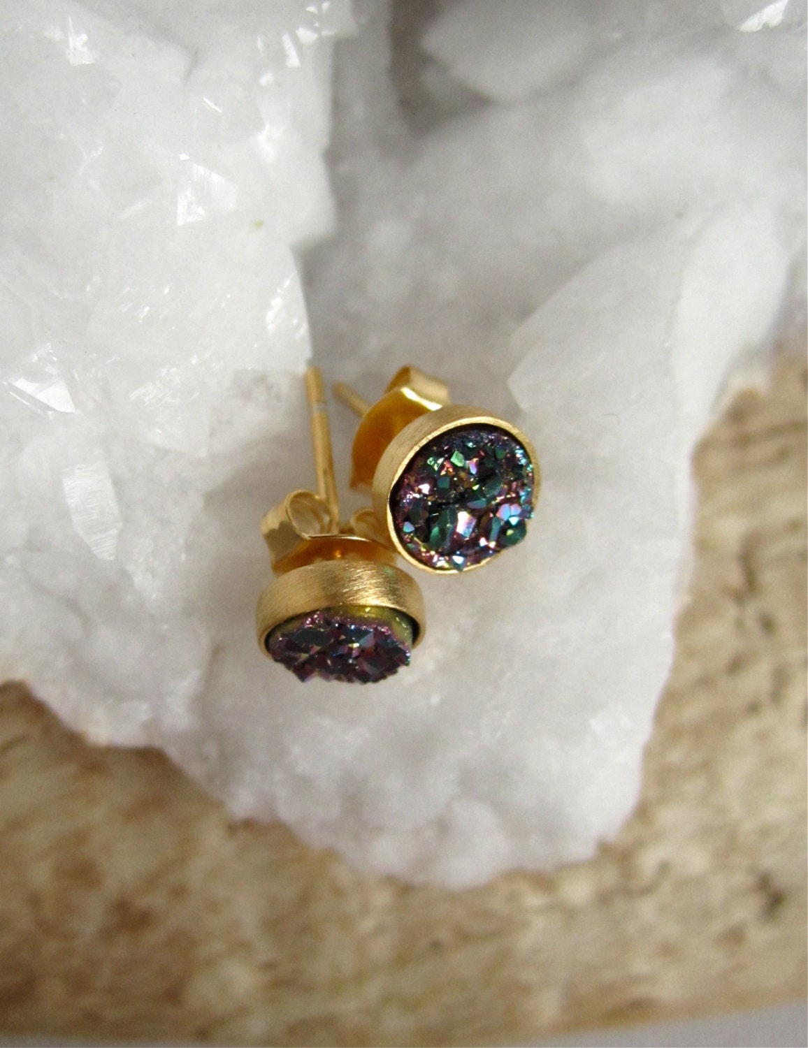 Tiny Druzy Earrings Peacock Drusy Quartz Studs Gold Vermeil Bezel Set