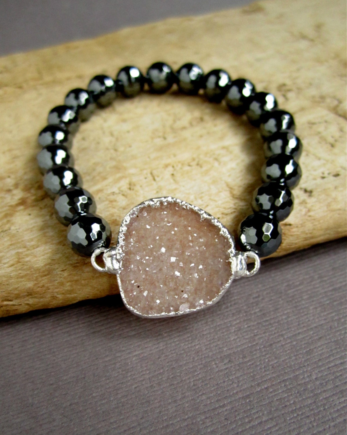 Pink Druzy Bracelet Drusy Quartz Hematite Beaded Stretch