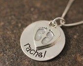 Custom Hand Stamped Mothers Necklace Sterling Silver with Name and Baby Feet Heart Charm