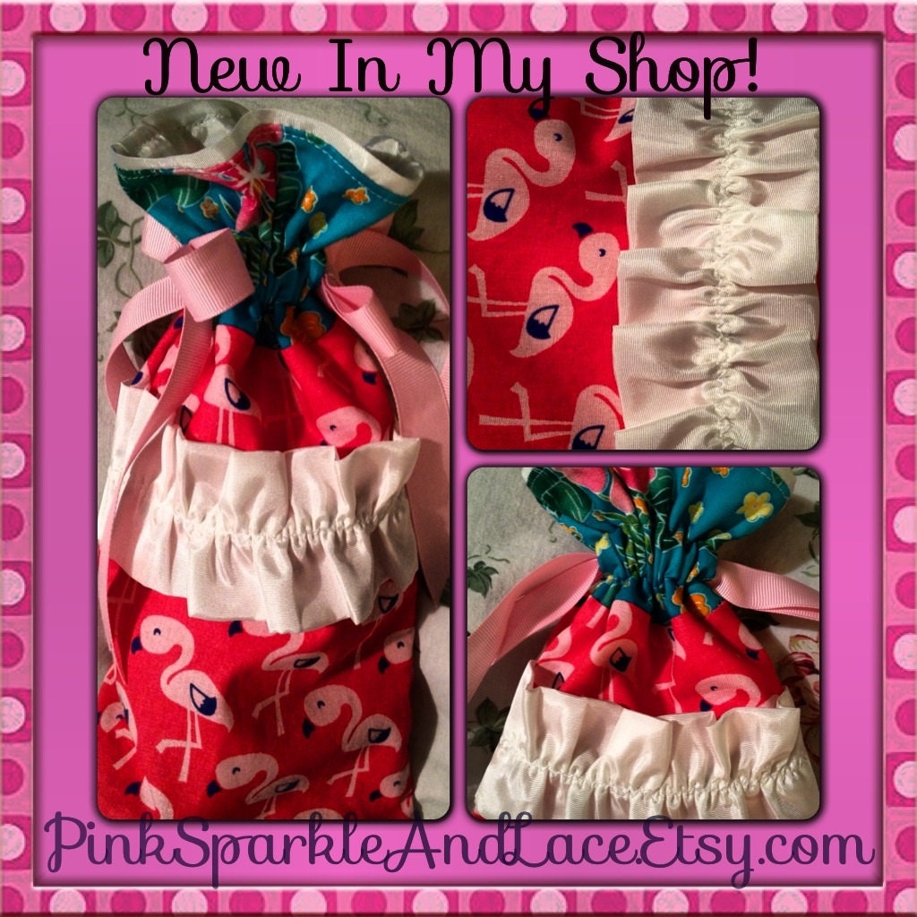 Drawstring Bag Ruffle Ribbon Pink Flamingo Tropical