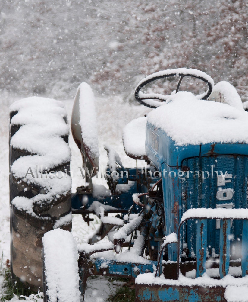 SNOWFALL ON BLUE Tractor - 8X10 photograph, country, farm, rustic, rural, cabin decor