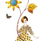 Flower Mood-Girl with flower- Watercolor Fashion illustration
