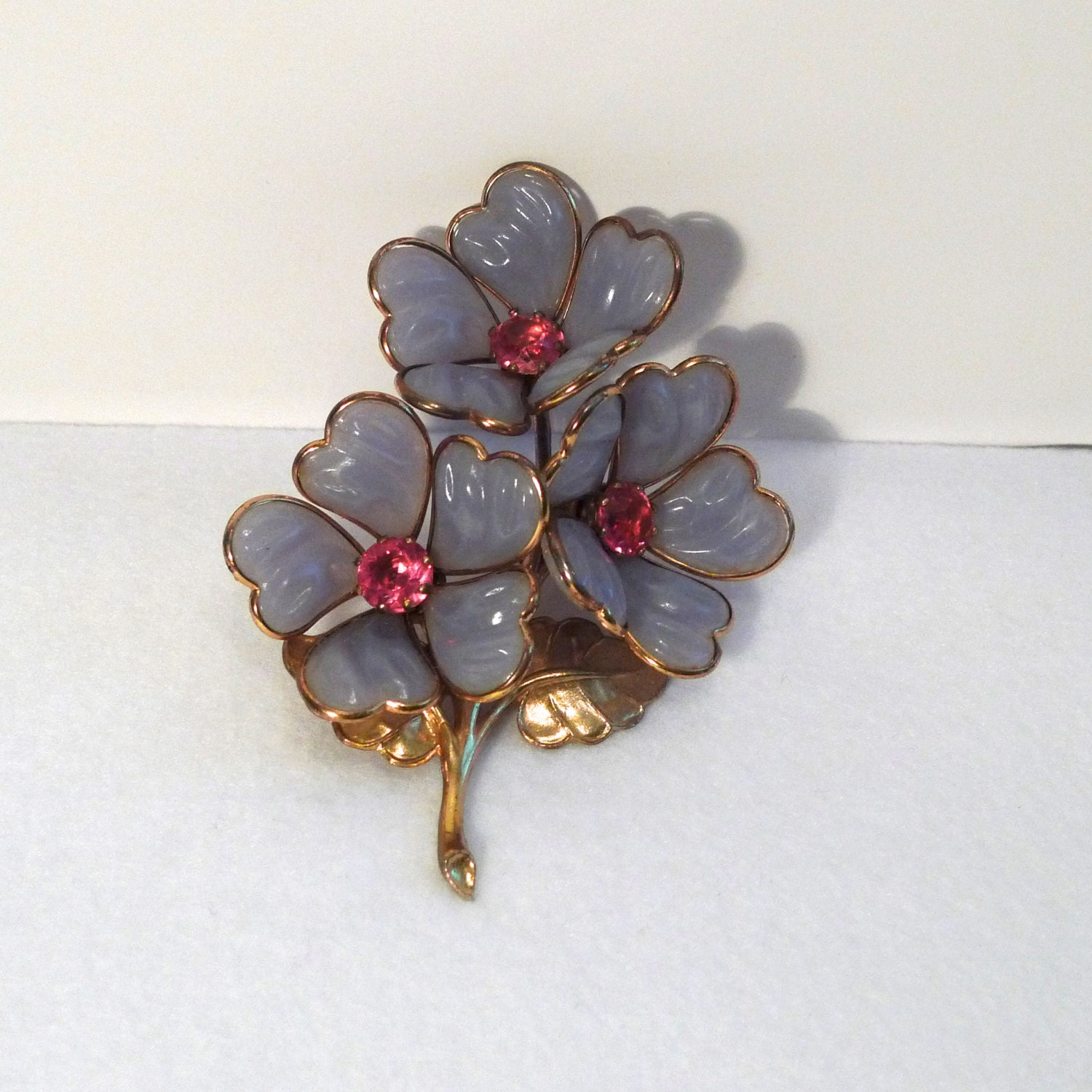 Blue Flower Brooch Corsage Pin Pink Rhinestone Lapel Pin Floral Jacket Pin Brooch Jewelry vintage retro FREE SHIPPING