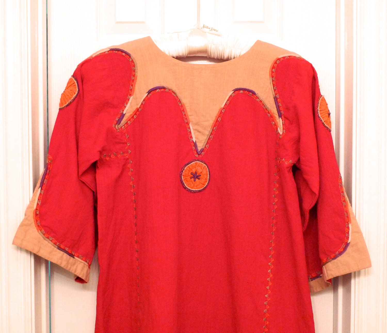 Josefa Caftan Tunic vintage Smock Mexico Embroidered Red Orange 70s Hippie Boho Folk Resort FREE shipping