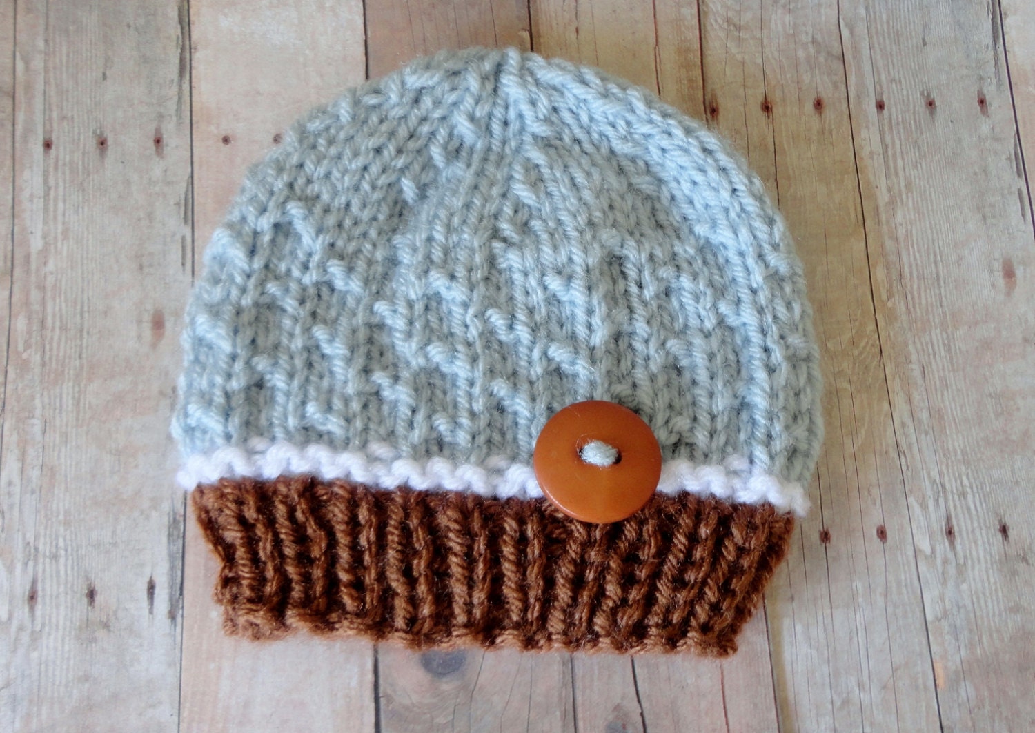 Baby Hat Newborn Beanie in Blue, White and Toffee Brown with Brown Button Children accessories Photo Prop