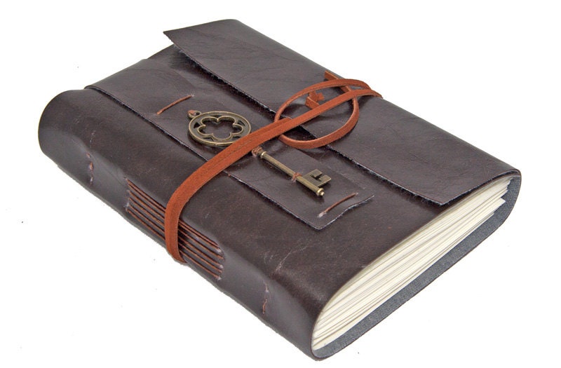 Dark Brown Vegan Faux Leather Journal with Key Charm Bookmark