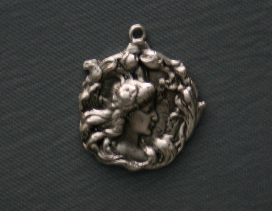 Sterling silver French Girl in a Garden bracelet charm art nouveau theme from antique vintage button handmade
