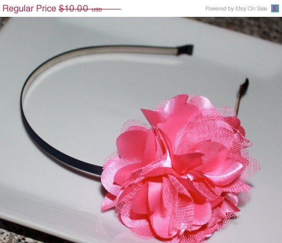 SALE Boutique Baby Girls Bubble Gum Satin Tulle Puff Flower on Navy Satin Lined Headband ..Perfect for Pictures toddlers girls Easter