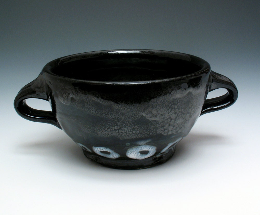 Double Handled Black and White Stoneware Bowl