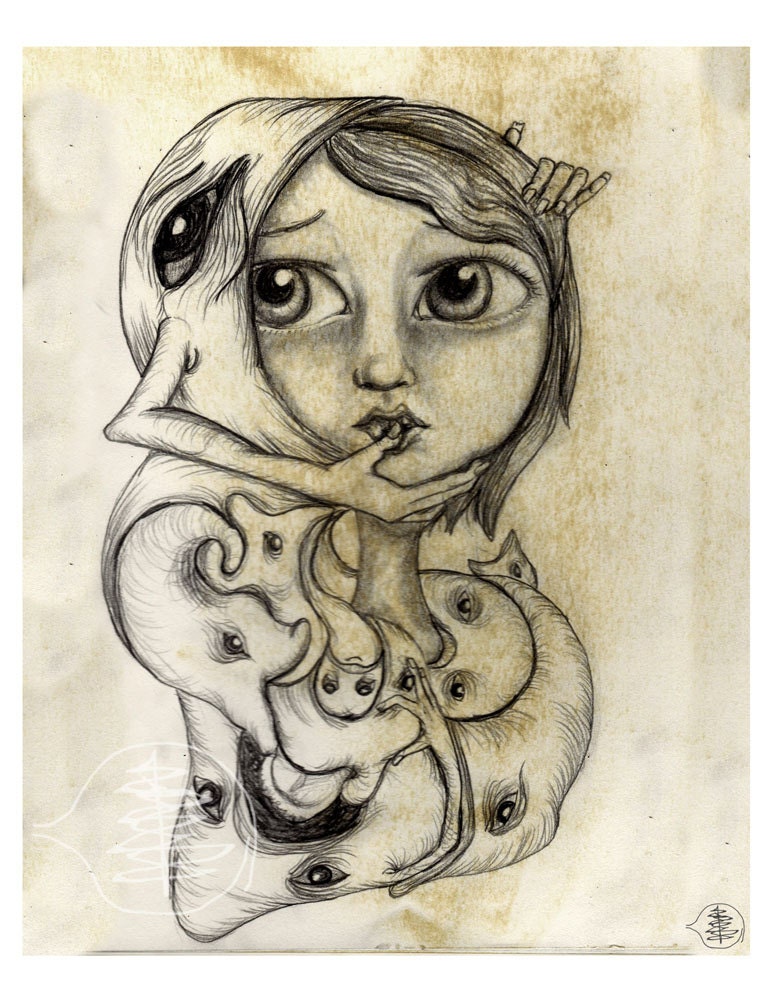 Depression - Sketch - Girl  - 5x7 Print - Black And White - Scary - Big Eye Art