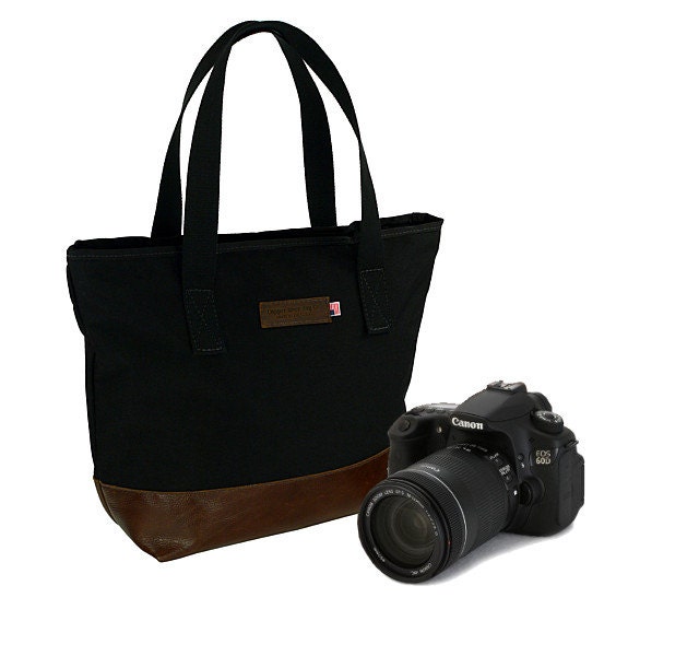 Italian Leather 19" Camera Tote Bag in Classic Black and Italian Molasses - Tuscan Travel Leather Camera Tote Bag - Handmade in the U.S.A.