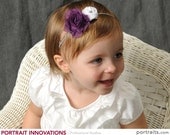 Kyla- Purple Frayed Chiffon Rosette and White Mini Satin Rosette Skinny Headband