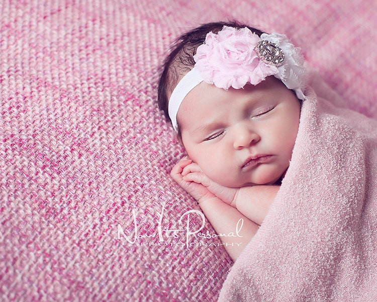 pink and white shabby chic rosette headband with rhinestone center - newborn baby infant girls headband - photo prop