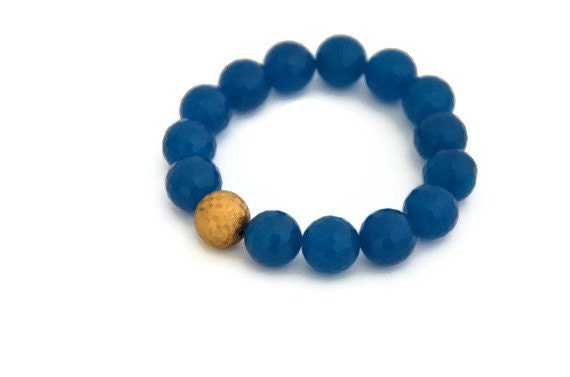 Teal blue stretch bracelet matte gold bohemian fashion - Ahkriti
