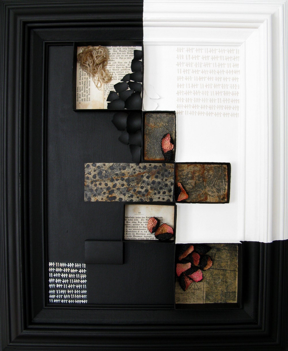 mixed media assemblage.  framed abstract shadowbox painting.  this and that and other secrets.