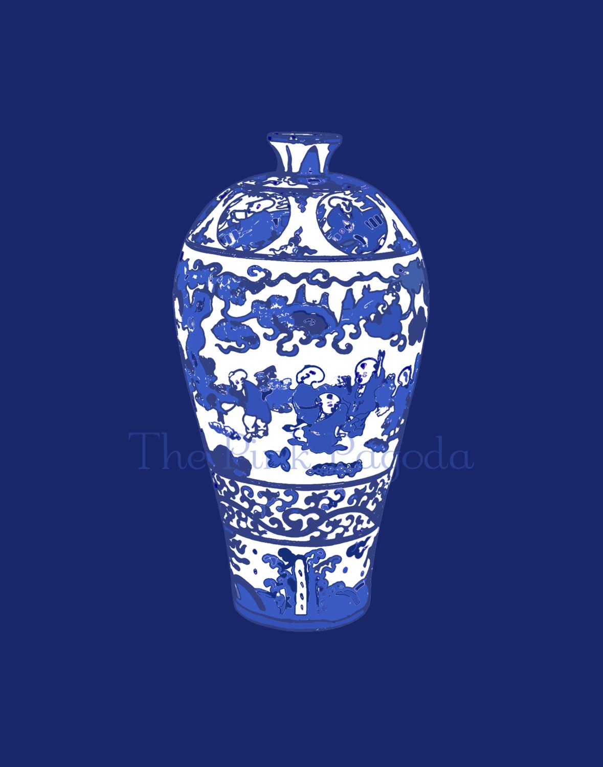 Blue and White Chinese Vase - 4 on Navy 11x14 Giclee