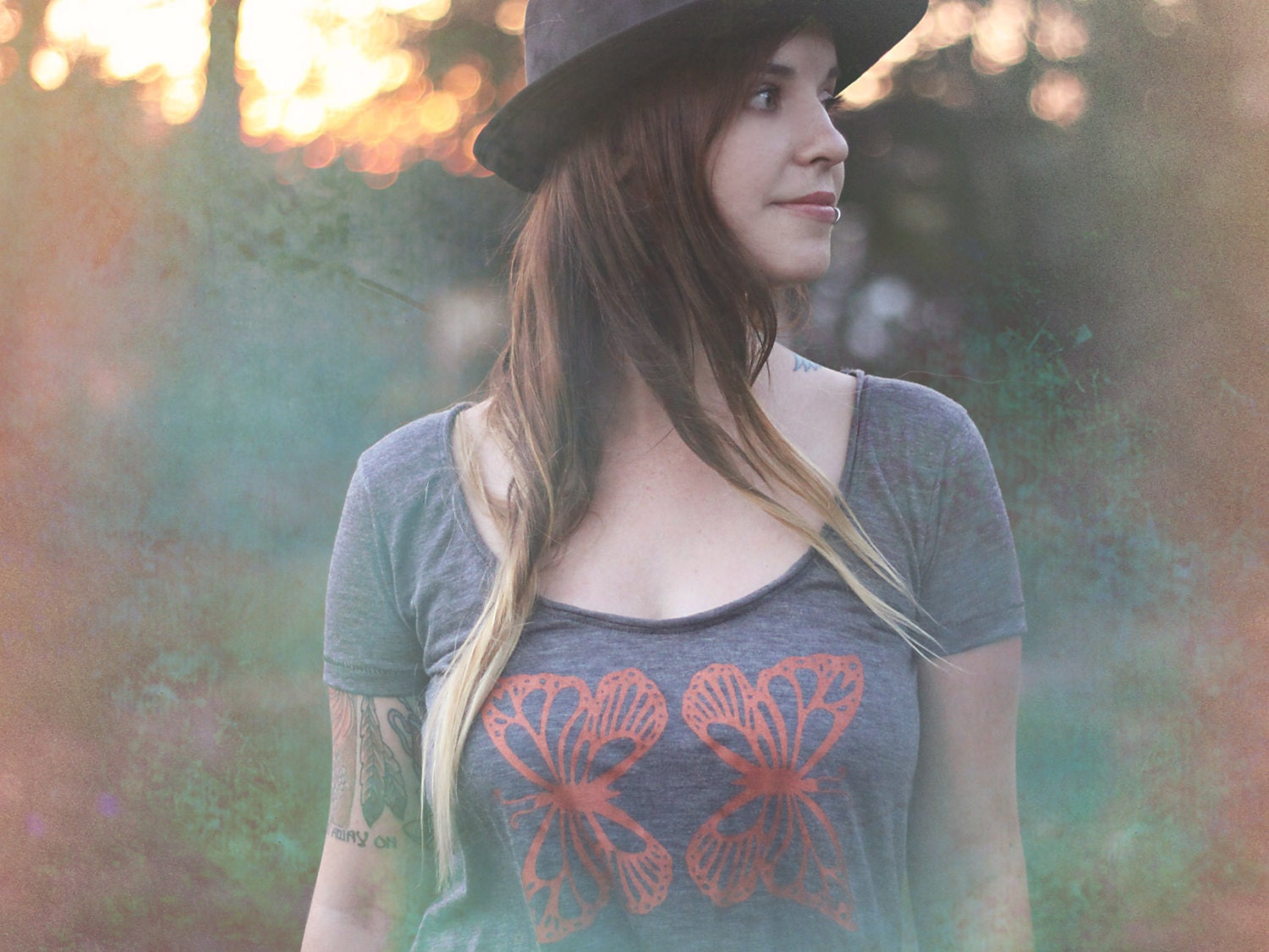 Butterfly Screenprinted Short Sleeve Drape Top