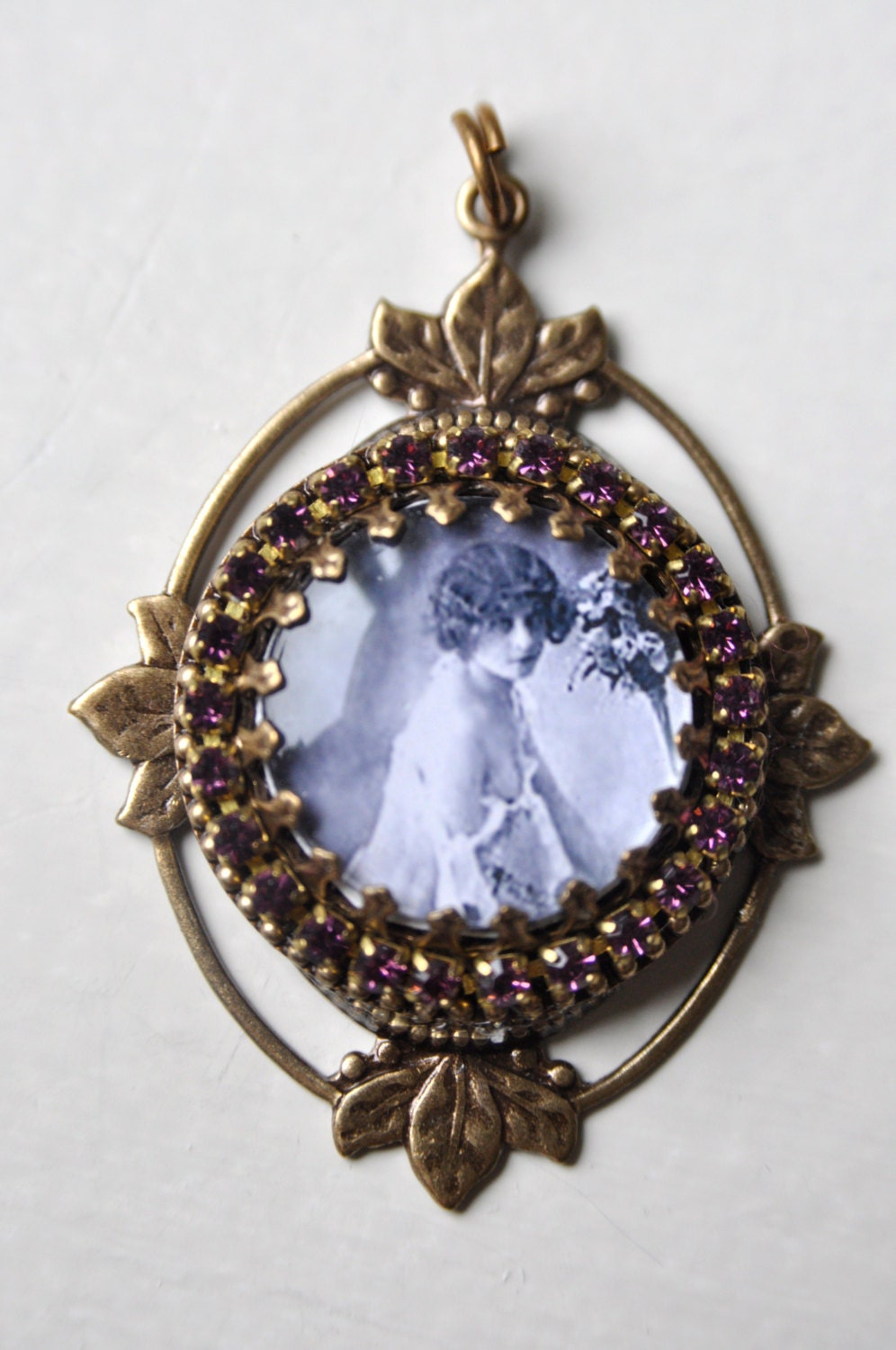 Edwardian Boudoir Beauty Filigree Brass Pendant With  Amethyst Crystals.