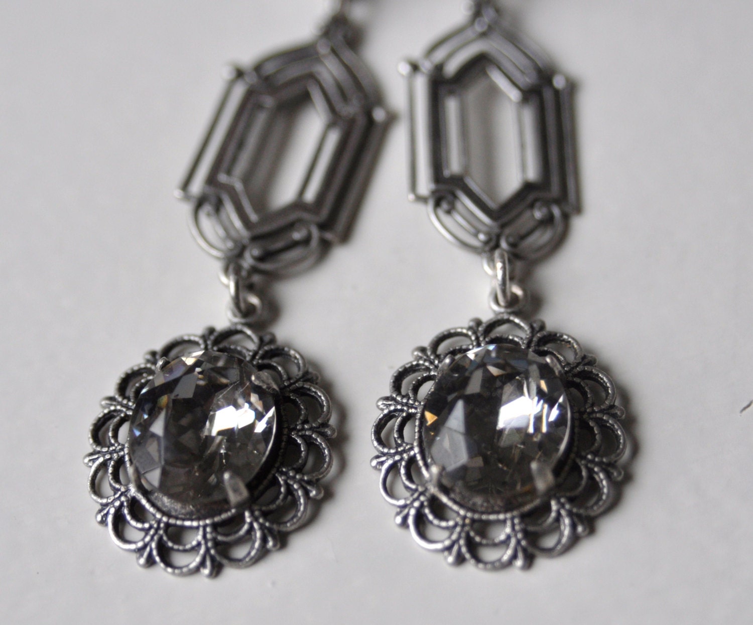 Vintage Swarovski And Filigree Earrings Black Diamond And Metal Lace Earrings