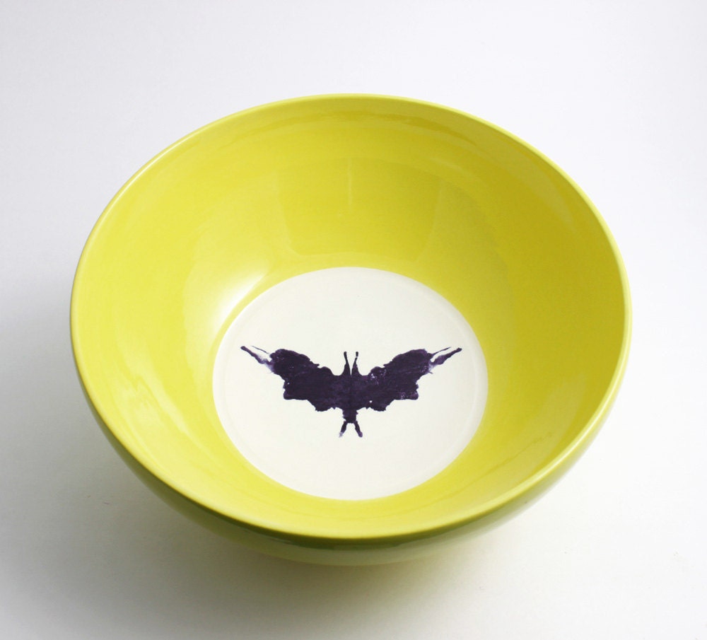 Lemon Yellow Bowl with Rorschach Ink Blot Bat