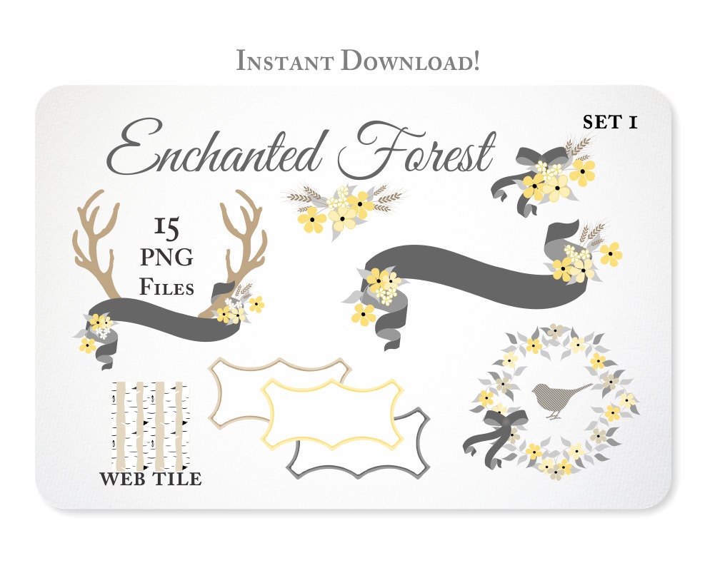 Antlers, Flowers, Ribbons, Bows & Bird Clipart Design Elements - Instant Download - set 1