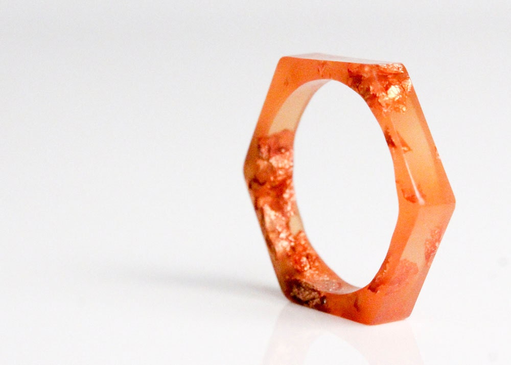 thin hexagonal eco resin ring - sunset orange with copper leaf flakes - size 7.5